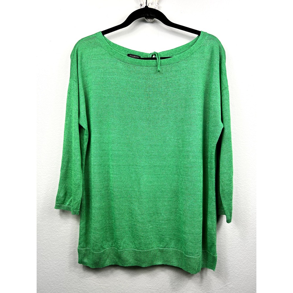 Talbots Sweater Womens M Green Linen Tassel Back 3/4 Sleeve Knit Top Pullover